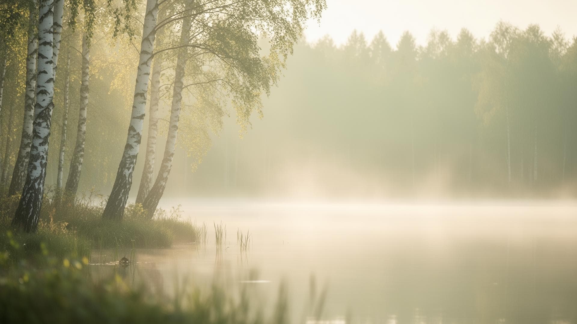 Fredelig nordisk natur med bjørketrær ved et stille vann